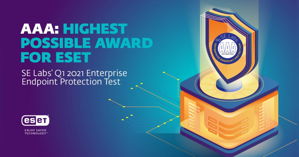 ESET Endpoint Security badge with SE Labs AAA Award label, highlighting top protection score in enterprise test.