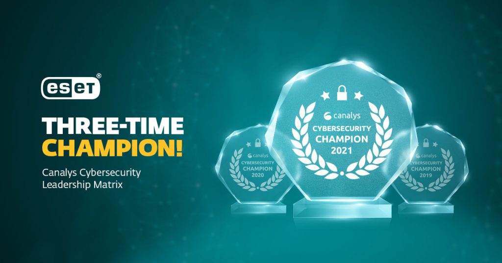 ESET logo featured alongside other top vendors in the Canalys 2021 Global Cybersecurity Leadership Matrix